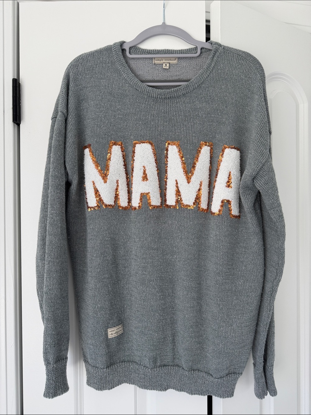 Simply Southern “MAMA” Sequin Gray Knit Pullover Crew- Womens M